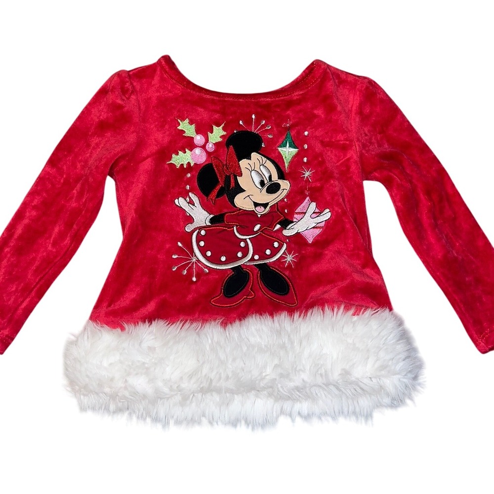 Y2K Disney Store Girls Minnie Mouse Velvet Fur Trim Festive Christmas Tunic 2T
